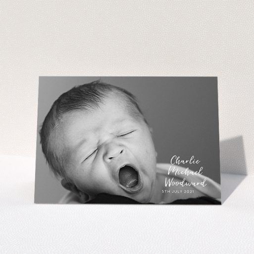 Baby Card Design - "1 Photo Full" A baby card design called "1 Photo Full". It is an A5 card in a landscape orientation. It is a photographic baby card with room for 1 photo. "1 Photo Full" is available as a folded card, with mainly white colouring.