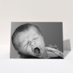 A baby card design called "1 Photo Full". It is an A5 card in a landscape orientation. It is a photographic baby card with room for 1 photo. "1 Photo Full" is available as a folded card, with mainly white colouring.