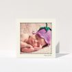 A baby card template titled "Cream Deco". It is a square (148mm x 148mm) card in a square orientation. It is a photographic baby card with room for 1 photo. "Cream Deco" is available as a folded card, with mainly cream colouring.