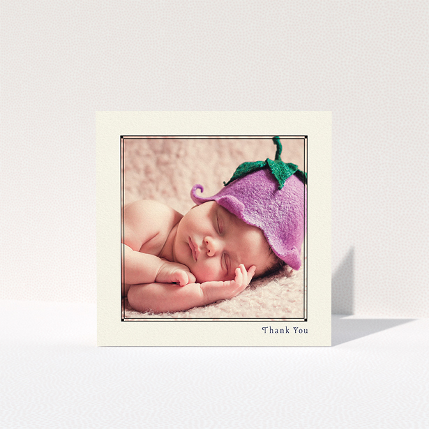 A baby card template titled "Cream Deco". It is a square (148mm x 148mm) card in a square orientation. It is a photographic baby card with room for 1 photo. "Cream Deco" is available as a folded card, with mainly cream colouring.
