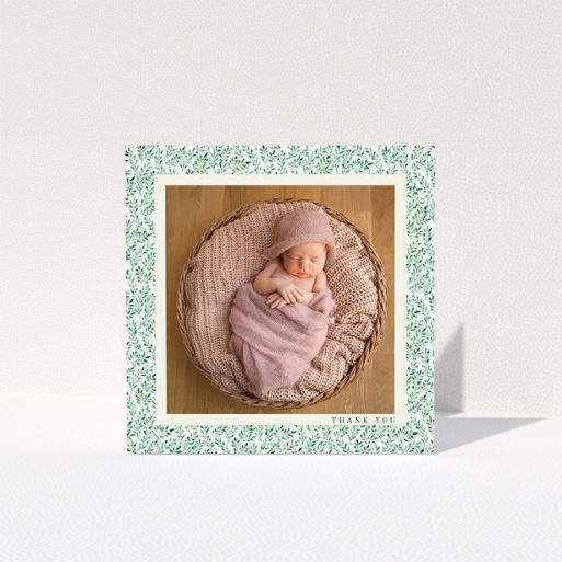 Baby Card Design - "Hedgerow Frame" A baby card design titled "Hedgerow Frame". It is a square (148mm x 148mm) card in a square orientation. It is a photographic baby card with room for 1 photo. "Hedgerow Frame" is available as a folded card, with tones of green and white.