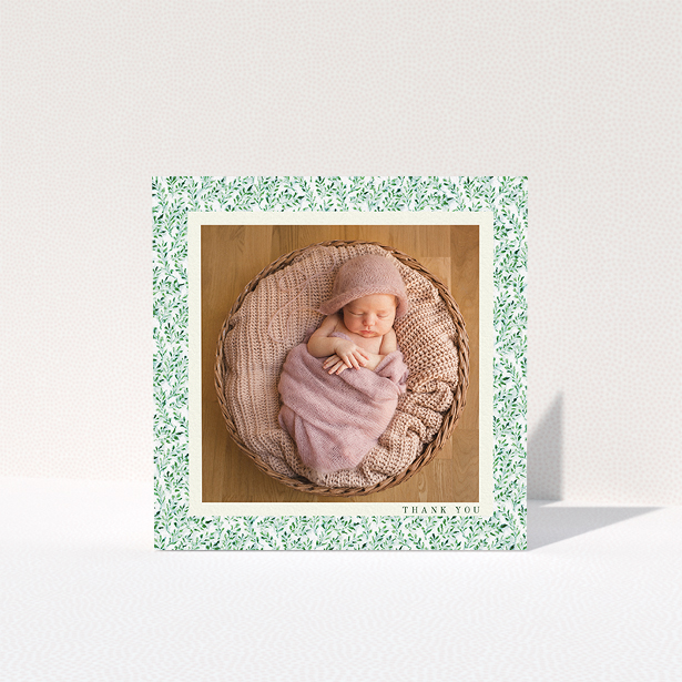 A baby card design titled "Hedgerow Frame". It is a square (148mm x 148mm) card in a square orientation. It is a photographic baby card with room for 1 photo. "Hedgerow Frame" is available as a folded card, with tones of green and white.