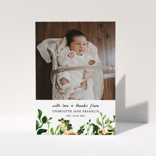 Baby Card Design - "Kew Gardens" A baby card template titled "Kew Gardens". It is an A5 card in a portrait orientation. It is a photographic baby card with room for 1 photo. "Kew Gardens" is available as a folded card, with tones of green, pink and light orange.