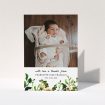 A baby card template titled "Kew Gardens". It is an A5 card in a portrait orientation. It is a photographic baby card with room for 1 photo. "Kew Gardens" is available as a folded card, with tones of green, pink and light orange.