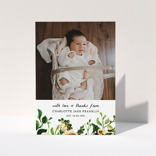 A baby card template titled "Kew Gardens". It is an A5 card in a portrait orientation. It is a photographic baby card with room for 1 photo. "Kew Gardens" is available as a folded card, with tones of green, pink and light orange.