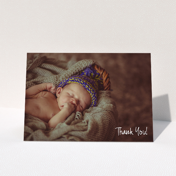 A baby card design titled "Rough but Simple Photo". It is an A5 card in a landscape orientation. It is a photographic baby card with room for 1 photo. "Rough but Simple Photo" is available as a folded card, with mainly white colouring.