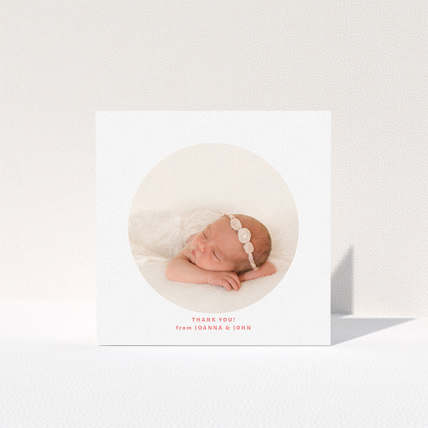 A baby card template titled "Simple Circle". It is a square (148mm x 148mm) card in a square orientation. It is a photographic baby card with room for 1 photo. "Simple Circle" is available as a folded card, with tones of white and pink.