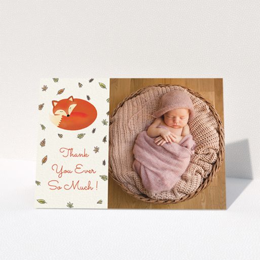 Baby Card Design - "Sleepy Fox" A baby card design named "Sleepy Fox". It is an A6 card in a landscape orientation. It is a photographic baby card with room for 1 photo. "Sleepy Fox" is available as a folded card, with tones of cream, orange and light yellow.