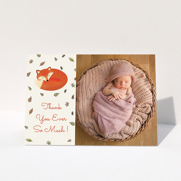 A baby card design named "Sleepy Fox". It is an A6 card in a landscape orientation. It is a photographic baby card with room for 1 photo. "Sleepy Fox" is available as a folded card, with tones of cream, orange and light yellow.