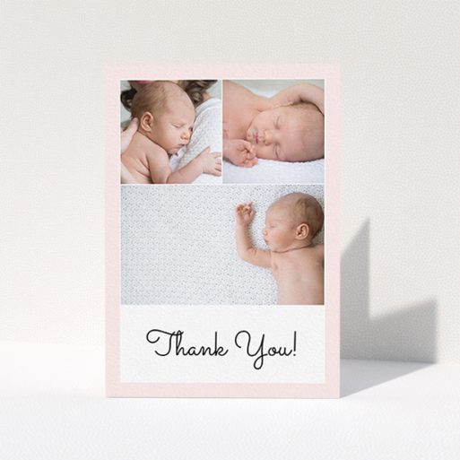 Thank You Card - Thank You! (Baby Girl) A baby card design named "Thank You!". It is an A6 card in a portrait orientation. It is a photographic baby card with room for 3 photos. "Thank You!" is available as a folded card, with tones of pink and white.