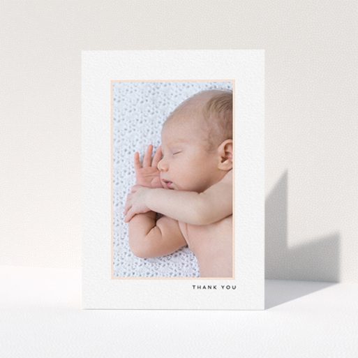 Baby Card Design - "Thin Pink Frame" A baby card design called "Thin Pink Frame". It is an A6 card in a portrait orientation. It is a photographic baby card with room for 1 photo. "Thin Pink Frame" is available as a folded card, with tones of white and pink.