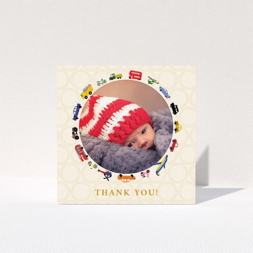 Baby Card Design - "Toy Transport" A baby card design titled "Toy Transport". It is a square (148mm x 148mm) card in a square orientation. It is a photographic baby card with room for 1 photo. "Toy Transport" is available as a folded card, with tones of cream, red and yellow.