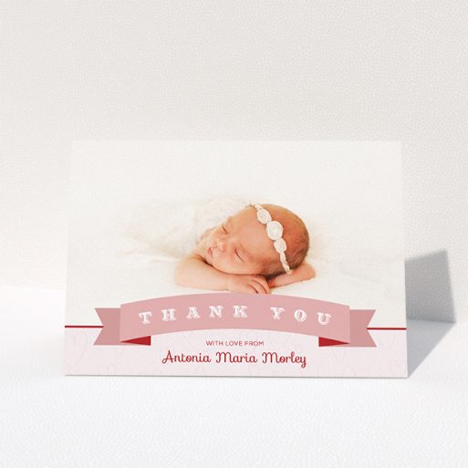 Thank You Card - Big Banner (Baby Girl) A baby thank you card called "Big Banner". It is an A5 card in a landscape orientation. It is a photographic baby thank you card with room for 1 photo. "Big Banner" is available as a folded card, with tones of pink and white.