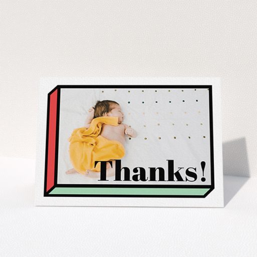 Baby Thank You Card Design - "Chip Off The Old Block" A baby thank you card design called "Chip Off The Old Block". It is an A6 card in a landscape orientation. It is a photographic baby thank you card with room for 1 photo. "Chip Off The Old Block" is available as a folded card, with tones of green and red.