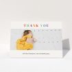 A baby thank you card named "Colourful Thanks". It is an A6 card in a landscape orientation. It is a photographic baby thank you card with room for 1 photo. "Colourful Thanks" is available as a folded card, with tones of white and green.