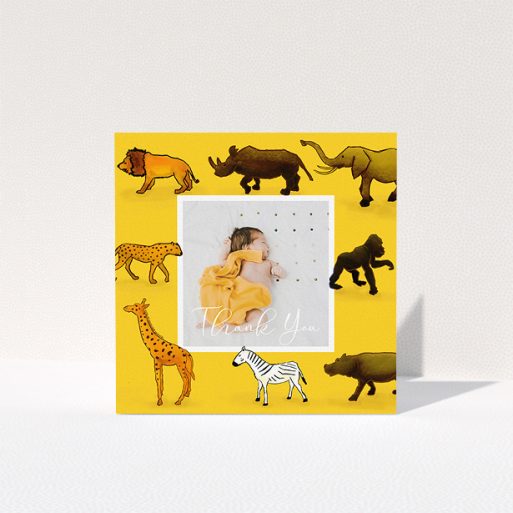Baby Thank You Card Design - "Little Safari" A baby thank you card design named "Little Safari". It is a square (148mm x 148mm) card in a square orientation. It is a photographic baby thank you card with room for 1 photo. "Little Safari" is available as a folded card, with tones of yellow, orange and brown.