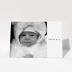 A baby thank you card design called "Most of the Page Frame". It is an A5 card in a landscape orientation. It is a photographic baby thank you card with room for 1 photo. "Most of the Page Frame" is available as a folded card, with mainly white colouring.