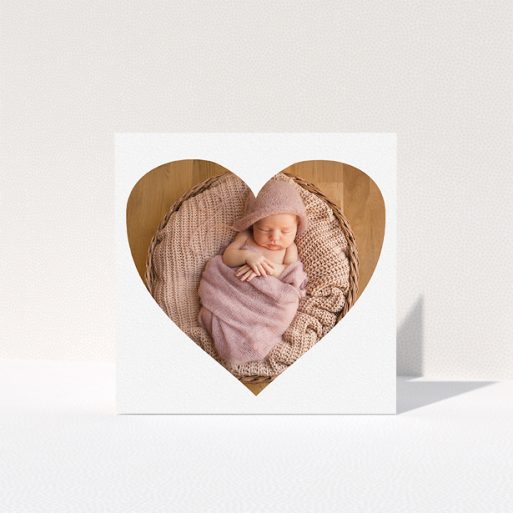 Baby Thank You Card Design - "One Big Heart" A baby thank you card called "One Big Heart". It is a square (148mm x 148mm) card in a square orientation. It is a photographic baby thank you card with room for 1 photo. "One Big Heart" is available as a folded card, with mainly white colouring.