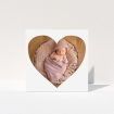 A baby thank you card called "One Big Heart". It is a square (148mm x 148mm) card in a square orientation. It is a photographic baby thank you card with room for 1 photo. "One Big Heart" is available as a folded card, with mainly white colouring.
