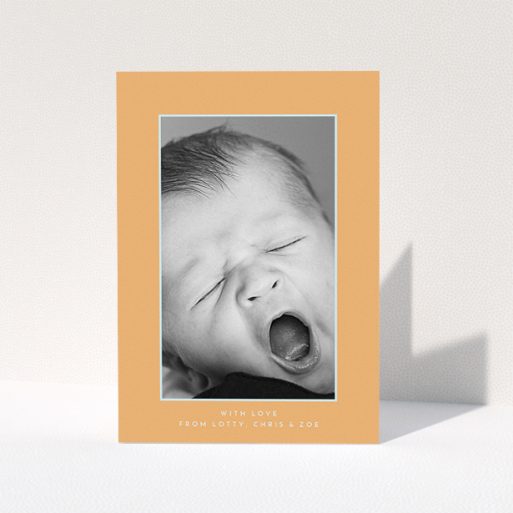 Baby Thank You Card Design - "Orange and Mint" A baby thank you card named "Orange and Mint". It is an A5 card in a portrait orientation. It is a photographic baby thank you card with room for 1 photo. "Orange and Mint" is available as a folded card, with tones of orange and blue.