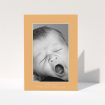 A baby thank you card named "Orange and Mint". It is an A5 card in a portrait orientation. It is a photographic baby thank you card with room for 1 photo. "Orange and Mint" is available as a folded card, with tones of orange and blue.
