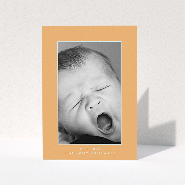 A baby thank you card named "Orange and Mint". It is an A5 card in a portrait orientation. It is a photographic baby thank you card with room for 1 photo. "Orange and Mint" is available as a folded card, with tones of orange and blue.