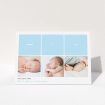 A baby thank you card design called "Our Little One". It is an A5 card in a landscape orientation. It is a photographic baby thank you card with room for 3 photos. "Our Little One" is available as a folded card, with tones of blue and white.