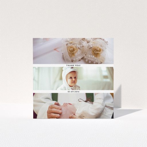 Baby Thank You Card Design - "Short Landscape Frames" A baby thank you card design called "Short Landscape Frames". It is a square (148mm x 148mm) card in a square orientation. It is a photographic baby thank you card with room for 3 photos. "Short Landscape Frames" is available as a folded card, with mainly white colouring.