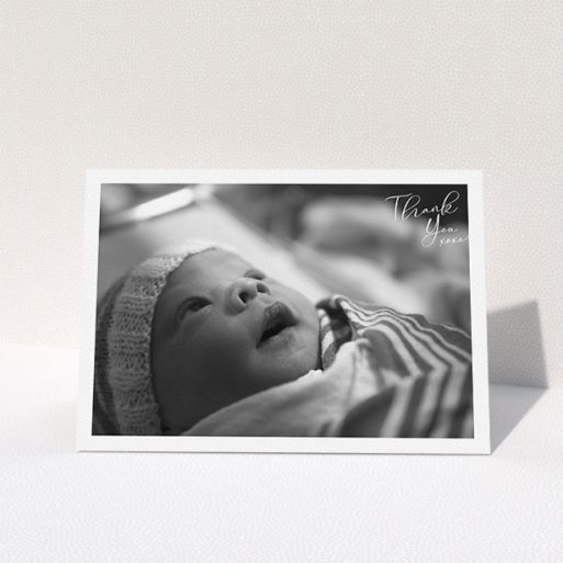 Baby Thank You Card Design - "Simple Landscape Thanks" A baby thank you card design titled "Simple Landscape Thanks". It is an A5 card in a landscape orientation. It is a photographic baby thank you card with room for 1 photo. "Simple Landscape Thanks" is available as a folded card, with mainly white colouring.