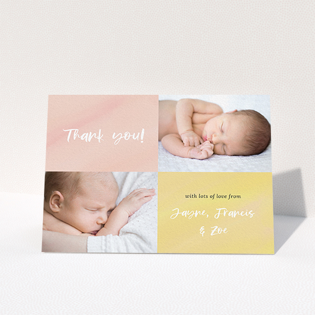 A baby thank you card design titled "Watercolour Corners". It is an A6 card in a landscape orientation. It is a photographic baby thank you card with room for 2 photos. "Watercolour Corners" is available as a folded card, with tones of yellow and purple.