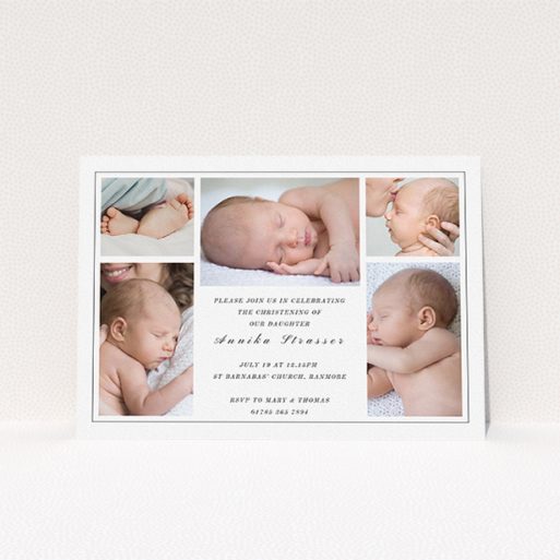 Baptism Invitation Design - "5 Frames" A baptism invitation design titled "5 Frames". It is an A5 invite card in a landscape orientation. It is a photographic baptism invitation with room for 3 photos. "5 Frames" is available as a flat invite card, with tones of black and white.