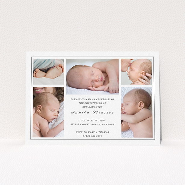 A baptism invitation design titled "5 Frames". It is an A5 invite card in a landscape orientation. It is a photographic baptism invitation with room for 3 photos. "5 Frames" is available as a flat invite card, with tones of black and white.