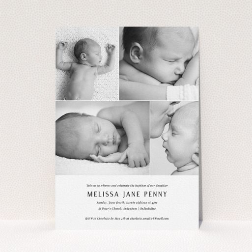 Baptism Invitation Design - "All on top" A baptism invitation template titled "All on top". It is an A5 invite card in a portrait orientation. It is a photographic baptism invitation with room for 4 photos. "All on top" is available as a flat invite card, with mainly white colouring.
