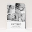 A baptism invitation template titled "All on top". It is an A5 invite card in a portrait orientation. It is a photographic baptism invitation with room for 4 photos. "All on top" is available as a flat invite card, with mainly white colouring.
