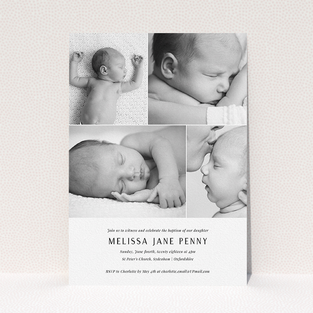 A baptism invitation template titled "All on top". It is an A5 invite card in a portrait orientation. It is a photographic baptism invitation with room for 4 photos. "All on top" is available as a flat invite card, with mainly white colouring.