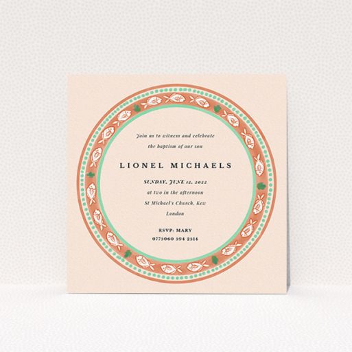 Baptism Invitation Design - "Amalfi" A baptism invitation named "Amalfi". It is a square (148mm x 148mm) invite card in a square orientation. "Amalfi" is available as a flat invite card, with tones of pink and orange.