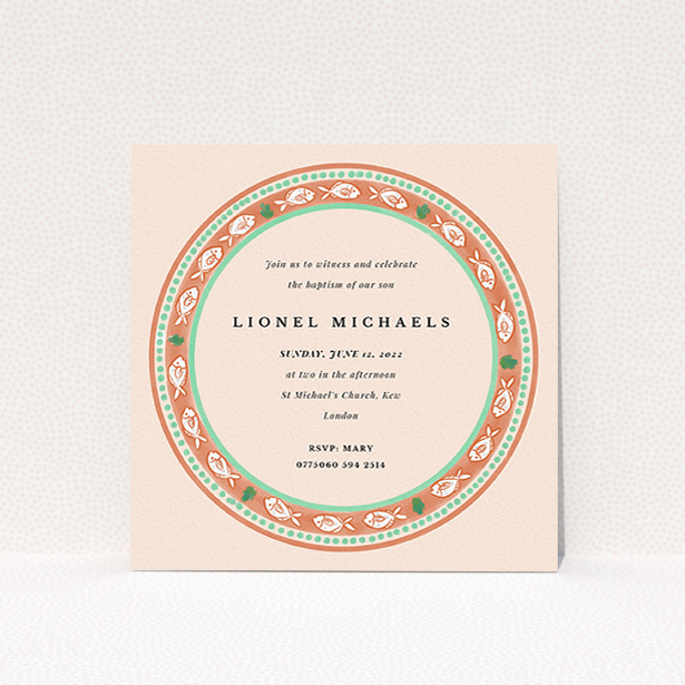 A baptism invitation named "Amalfi". It is a square (148mm x 148mm) invite card in a square orientation. "Amalfi" is available as a flat invite card, with tones of pink and orange.