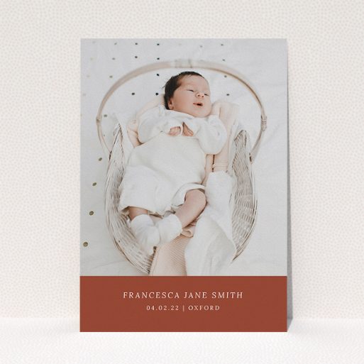 Baptism Invitation Design - "Autumnal Photo" A baptism invitation design named "Autumnal Photo". It is an A5 invite card in a portrait orientation. It is a photographic baptism invitation with room for 1 photo. "Autumnal Photo" is available as a flat invite card, with mainly dark orange colouring.