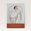 A baptism invitation design named "Autumnal Photo". It is an A5 invite card in a portrait orientation. It is a photographic baptism invitation with room for 1 photo. "Autumnal Photo" is available as a flat invite card, with mainly dark orange colouring.