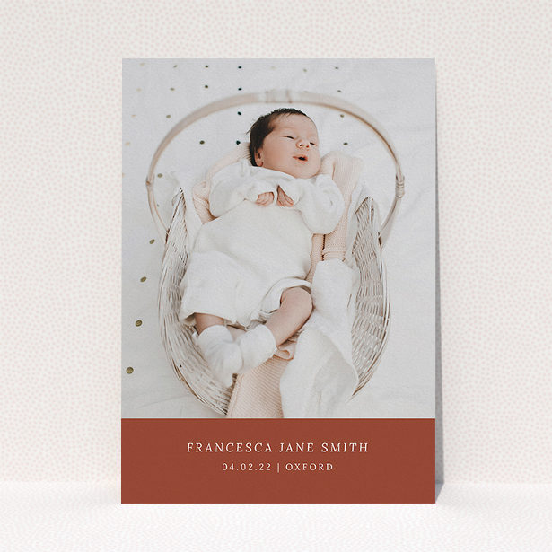 A baptism invitation design named "Autumnal Photo". It is an A5 invite card in a portrait orientation. It is a photographic baptism invitation with room for 1 photo. "Autumnal Photo" is available as a flat invite card, with mainly dark orange colouring.