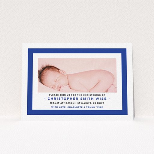 Baptism Invitation Design - "Big Blue" A baptism invitation named "Big Blue". It is an A6 invite card in a landscape orientation. It is a photographic baptism invitation with room for 1 photo. "Big Blue" is available as a flat invite card, with tones of blue and white.