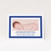 A baptism invitation named "Big Blue". It is an A6 invite card in a landscape orientation. It is a photographic baptism invitation with room for 1 photo. "Big Blue" is available as a flat invite card, with tones of blue and white.