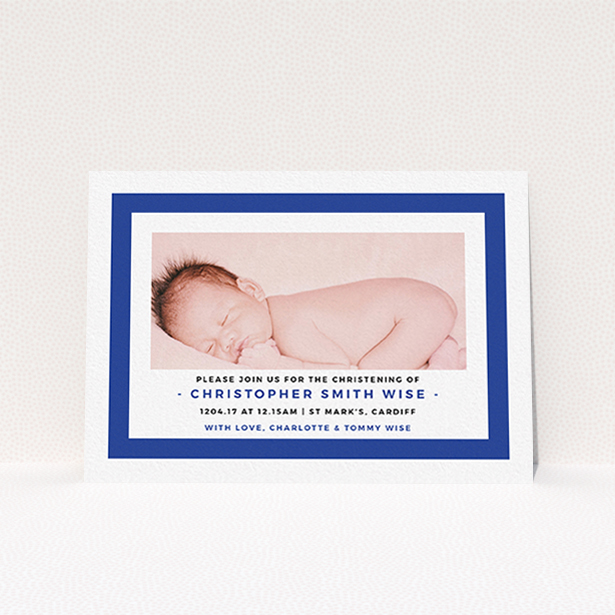 A baptism invitation named "Big Blue". It is an A6 invite card in a landscape orientation. It is a photographic baptism invitation with room for 1 photo. "Big Blue" is available as a flat invite card, with tones of blue and white.