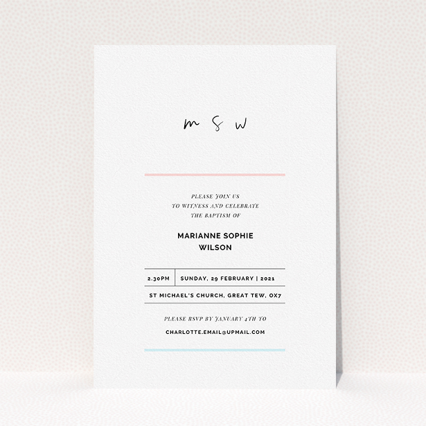 A baptism invitation design named "Blue and Pink". It is an A5 invite card in a portrait orientation. "Blue and Pink" is available as a flat invite card, with tones of white and blue.