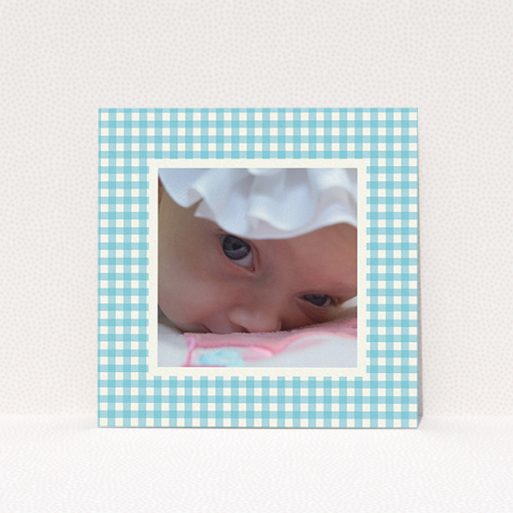 Baptism Invitation Design - "Blue Plaid" A baptism invitation called "Blue Plaid". It is a square (148mm x 148mm) invite card in a square orientation. It is a photographic baptism invitation with room for 1 photo. "Blue Plaid" is available as a flat invite card, with tones of blue and white.