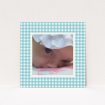 A baptism invitation called "Blue Plaid". It is a square (148mm x 148mm) invite card in a square orientation. It is a photographic baptism invitation with room for 1 photo. "Blue Plaid" is available as a flat invite card, with tones of blue and white.