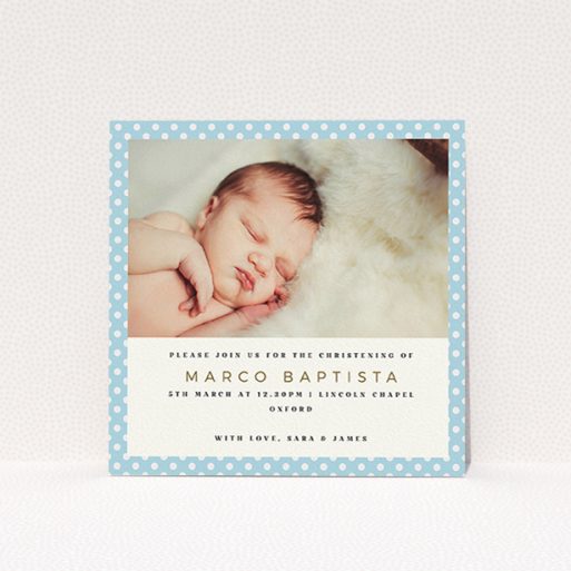 Baptism Invitation Design - "Blue Polkadots" A baptism invitation named "Blue Polkadots". It is a square (148mm x 148mm) invite card in a square orientation. It is a photographic baptism invitation with room for 1 photo. "Blue Polkadots" is available as a flat invite card, with tones of blue and white.