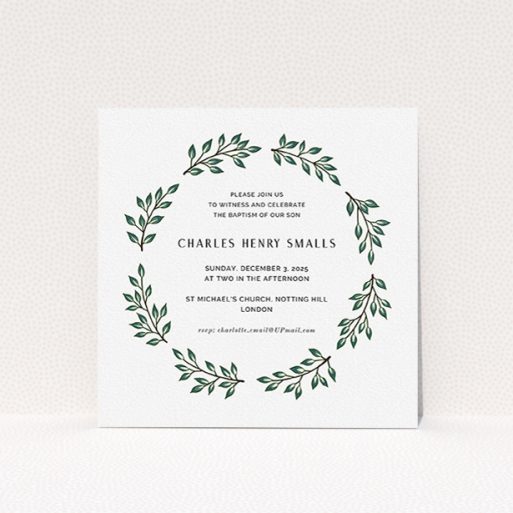 Baptism Invitation Design - "Bold Wreath" A baptism invitation design titled "Bold Wreath". It is a square (148mm x 148mm) invite card in a square orientation. "Bold Wreath" is available as a flat invite card, with tones of green and white.