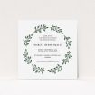 A baptism invitation design titled "Bold Wreath". It is a square (148mm x 148mm) invite card in a square orientation. "Bold Wreath" is available as a flat invite card, with tones of green and white.