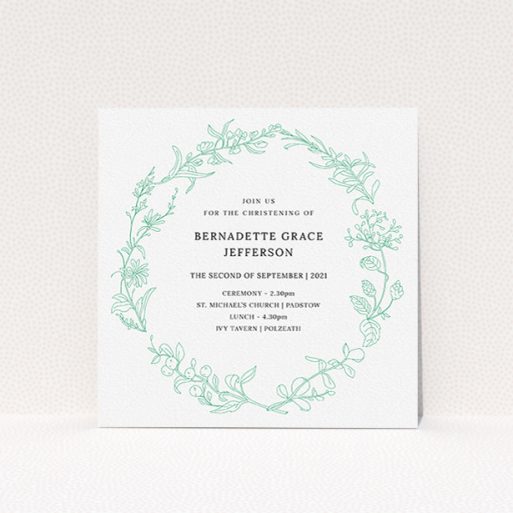 Baptism Invitation Design - "Botanicals" A baptism invitation design titled "Botanicals". It is a square (148mm x 148mm) invite card in a square orientation. "Botanicals" is available as a flat invite card, with tones of green and white.